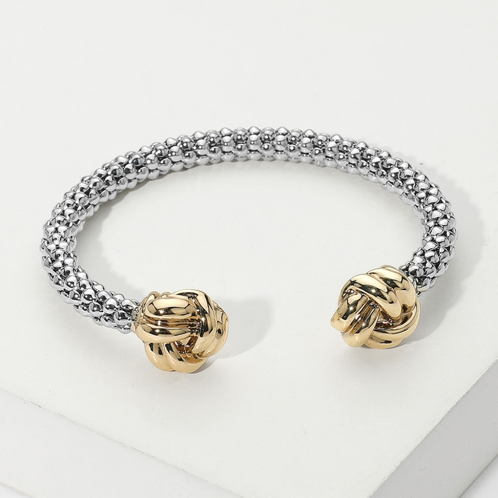 Silver Casual Gold Knot Tip Two Tone Cuff Bracelet Bangle Mesh Textured Metal